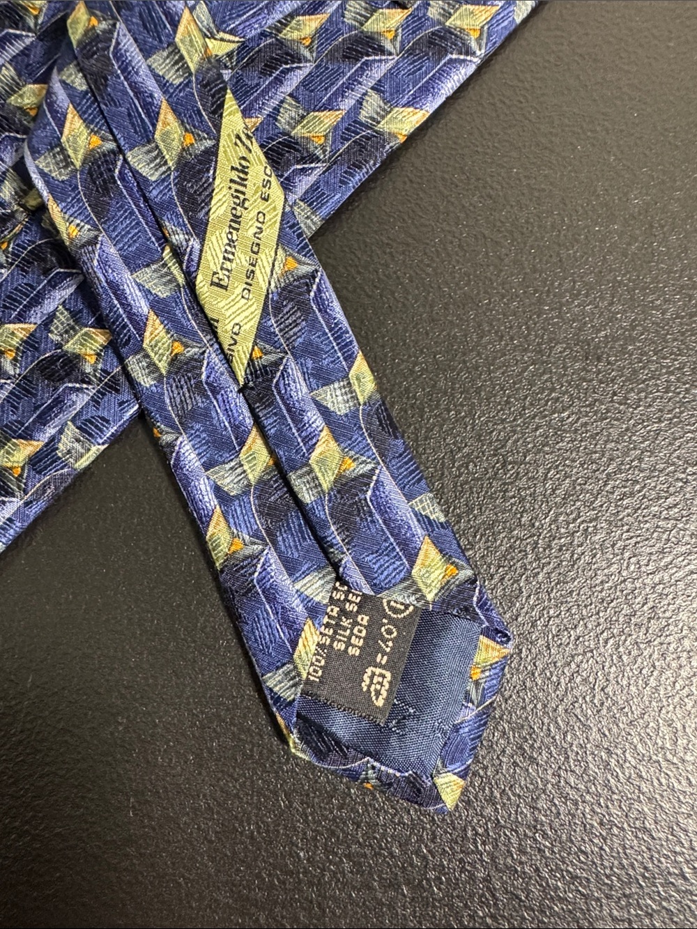Ermenegildo Zegna mens blue green geometric 100% silk tie EUC - Picture 3 of 5